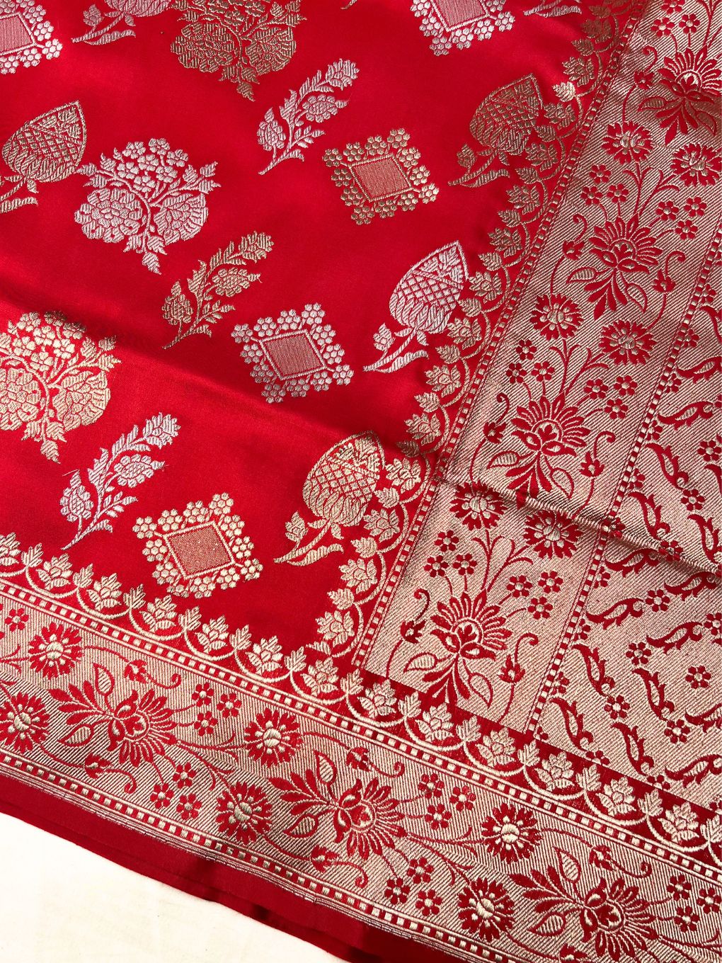 Royal Red Katan Silk Saree Closeup view