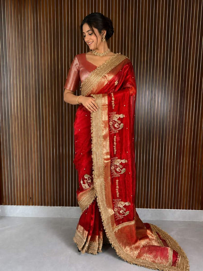 Red Tissue Silk Saree - Mantavya Banaras
