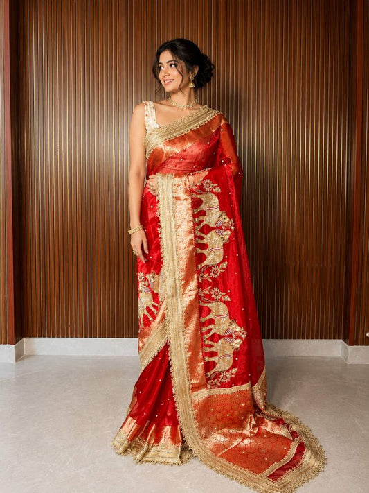Red Tissue Silk Saree - Mantavya Banaras