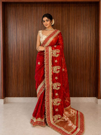 Red Tissue Silk Saree - Mantavya Banaras