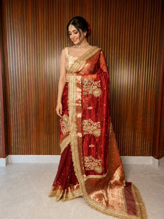 Red Tissue Silk Saree - Mantavya Banaras