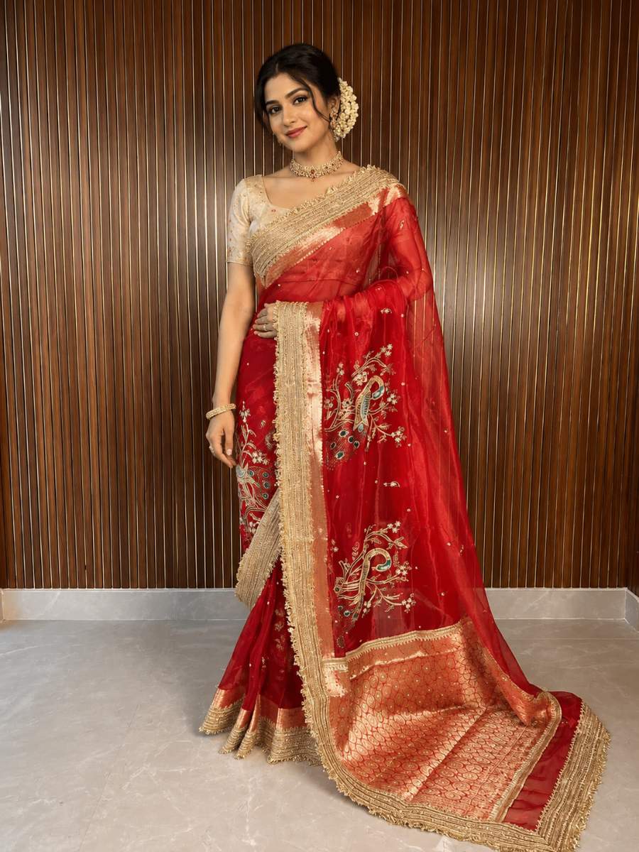 Red Tissue Silk Saree - Mantavya Banaras