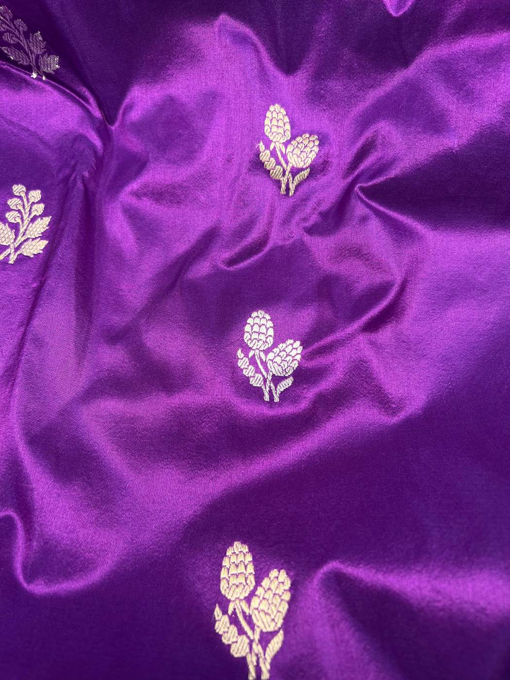 Royal Purple Katan Silk Saree with floral butis closeup view 02