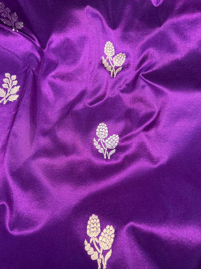Royal Purple Katan Silk Saree with floral butis closeup view 02