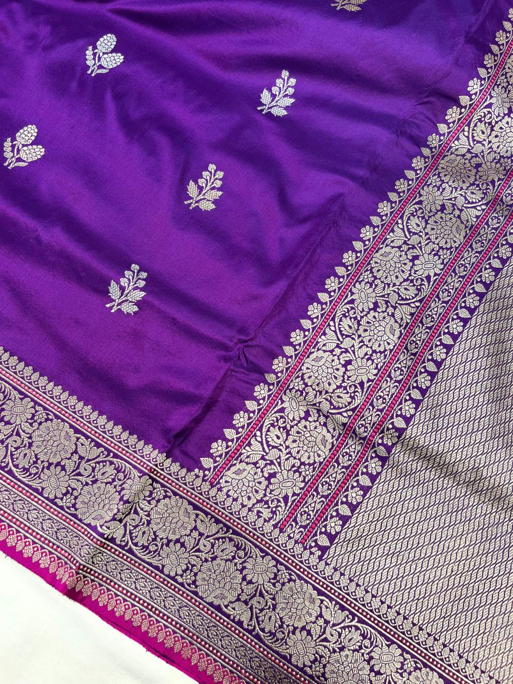 Royal Purple Katan Silk Saree with floral butis closeup view01