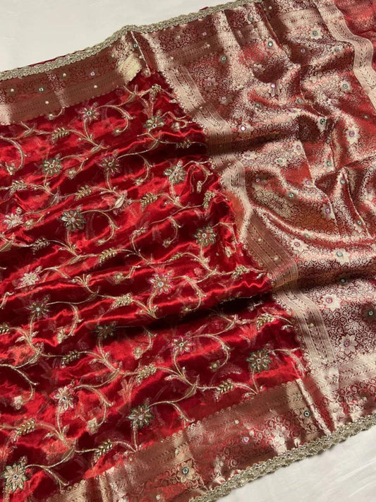 Royal Red Tissue Silk Phool Jaal full View