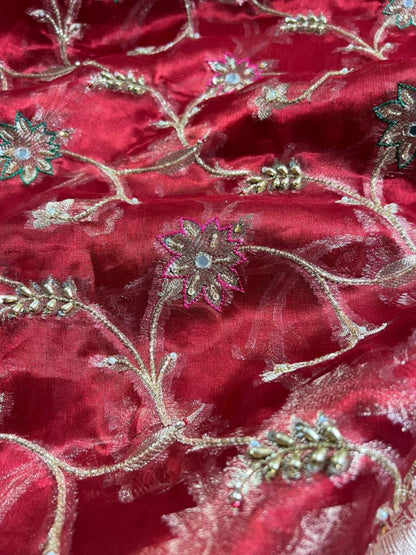 Royal Red Tissue Silk Phool Jaal Closeup view 02