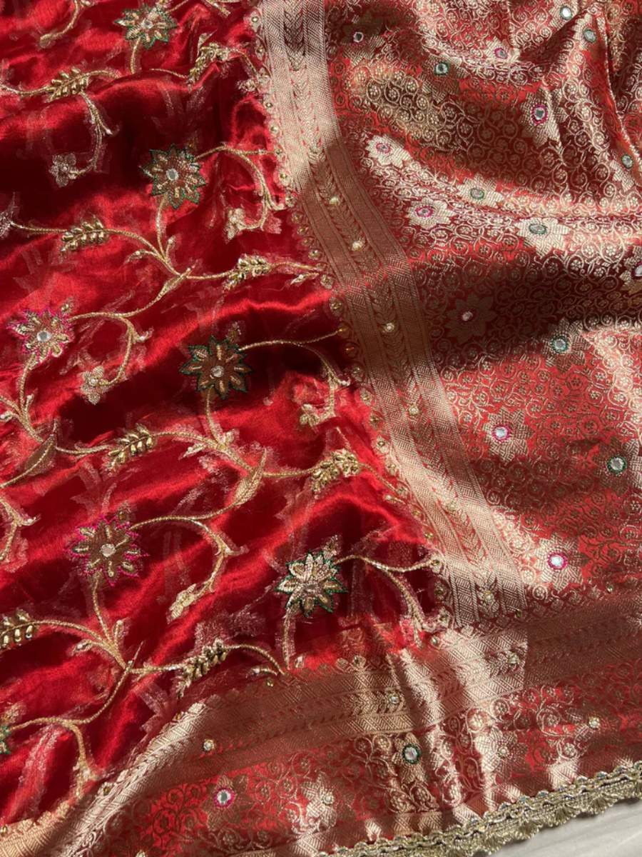 Royal Red Tissue Silk Phool Jaal Closeup view 01