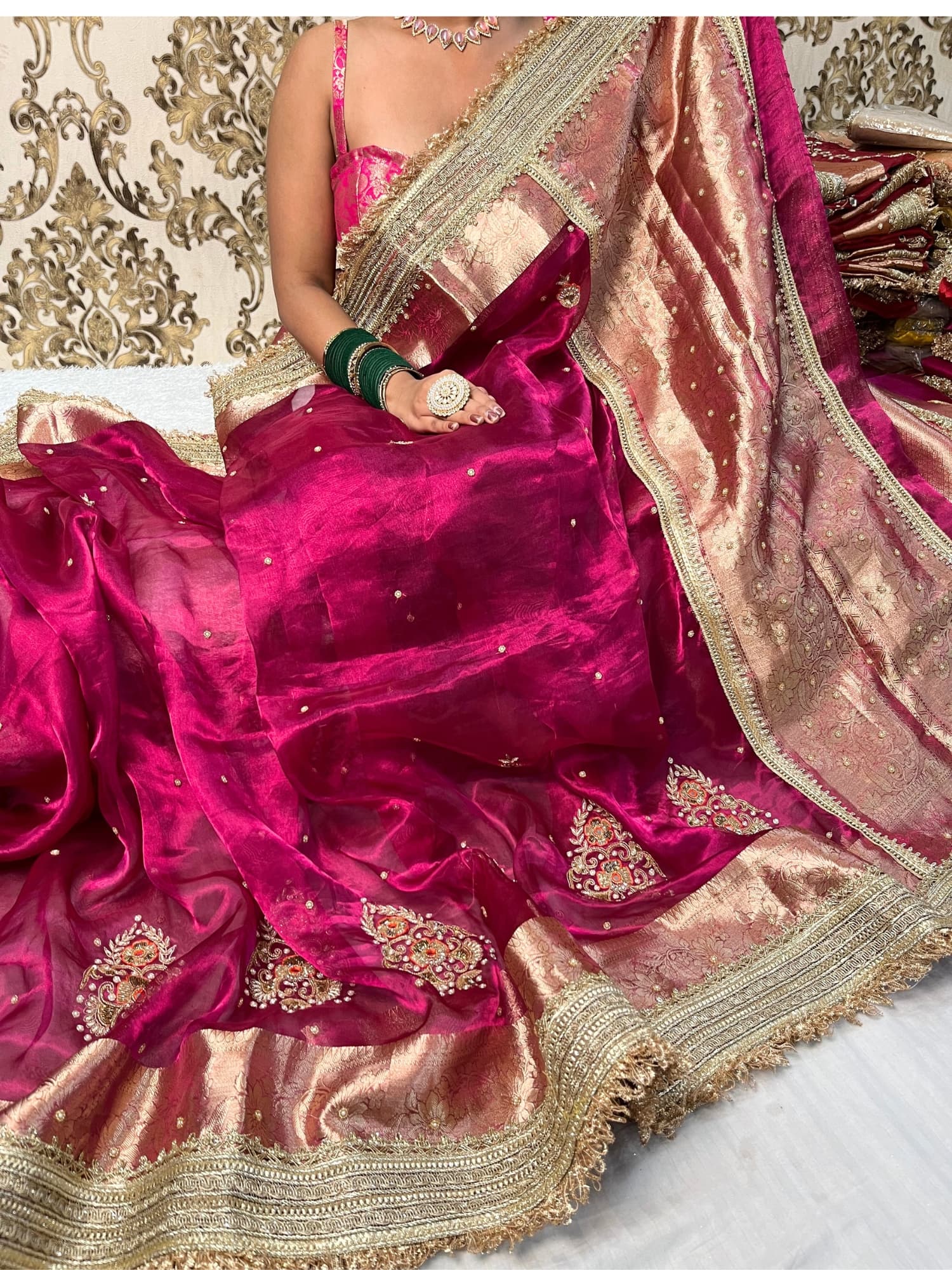 Beautiful Pink Banarasi tissue silk saree with hand embroidery and woven buta