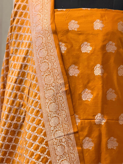 Mustard Yellow Banarasi Katan Silk Suit Set with Zari Buta and Brocade Dupatta