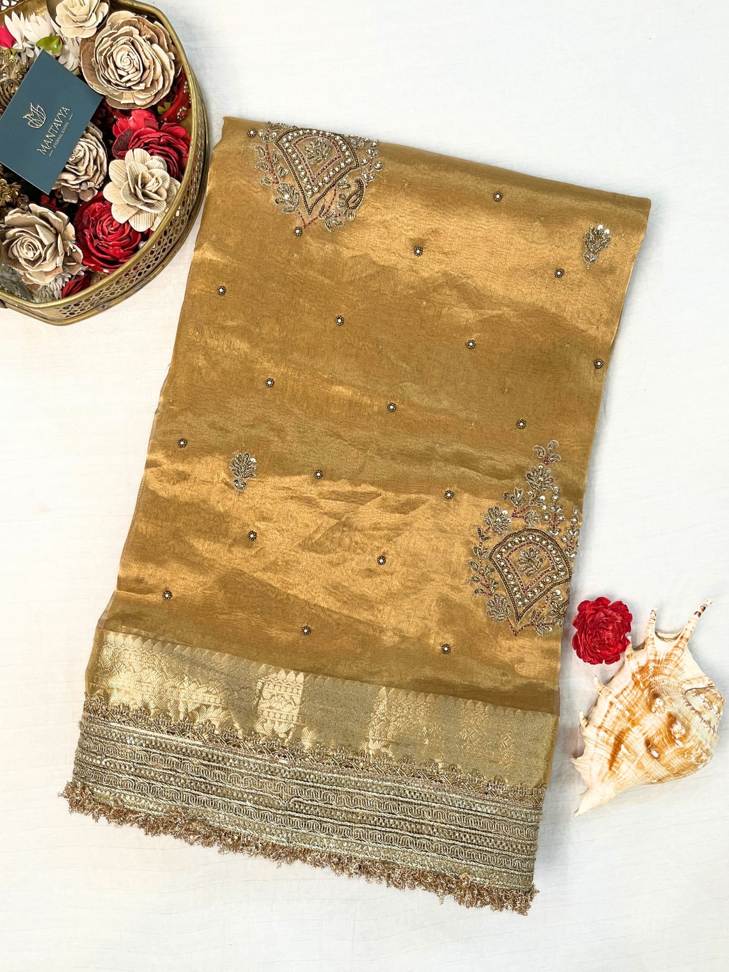 "Hand-embroidered golden pure Banarasi tissue silk saree - mantvya banaras