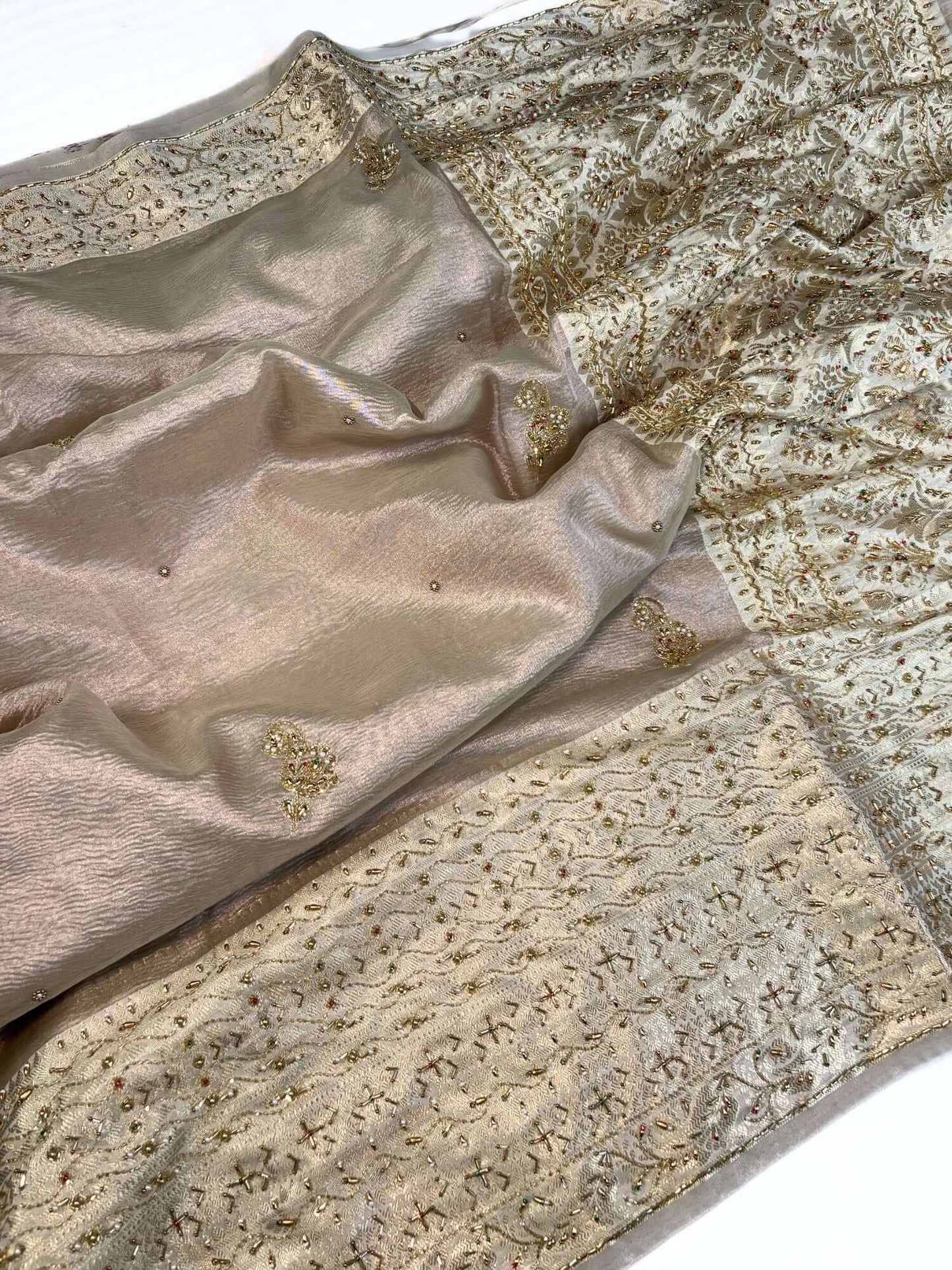 Champagne Gold Crush Tissue Silk Saree Maharani Noor with hand embroidery full view