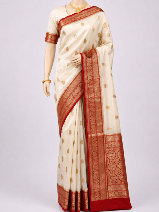  Ivory White Kora Silk Saree Dummy full View