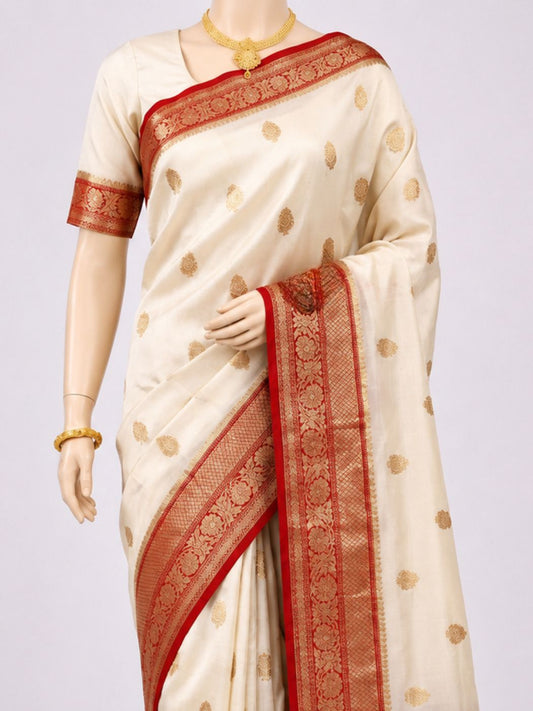  Ivory White Kora Silk Saree Dummy Closeup View
