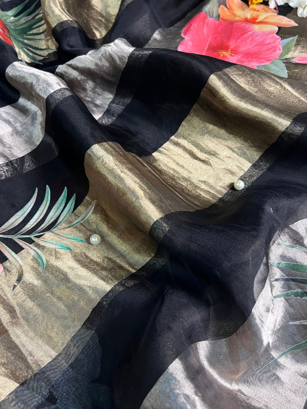 Black Kora Tissue Silk Saree Closeup view 01