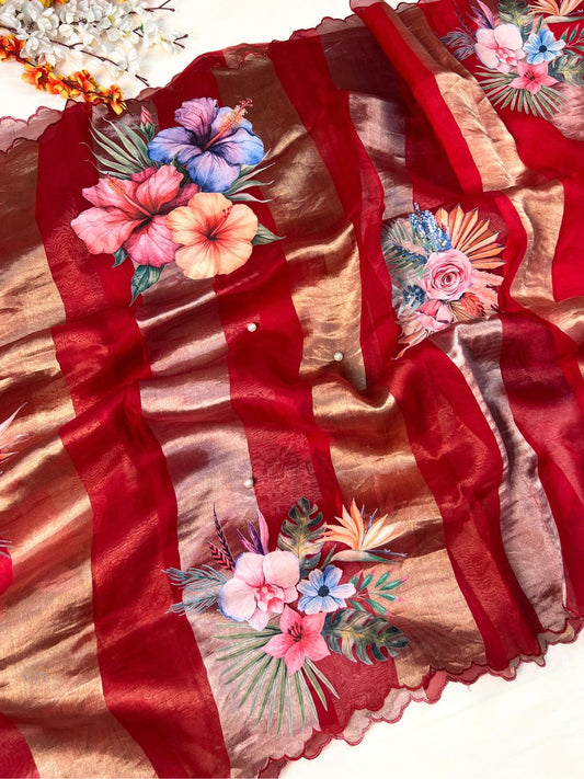  Red Kora Tissue Silk Saree Full View