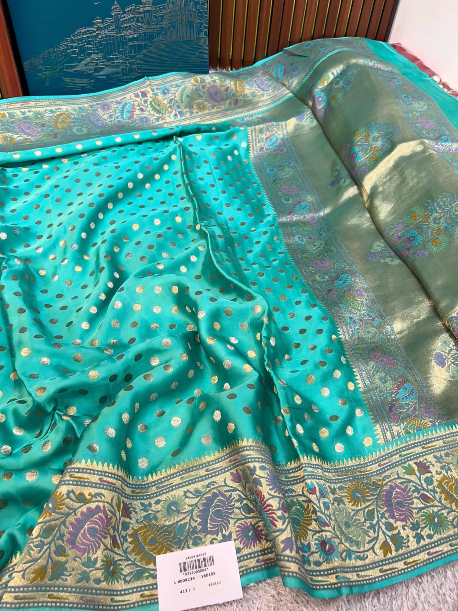 Sea Green Mashru Silk Saree with smooth texture and elegant drape – Mantavya Banaras