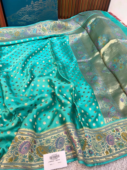 Sea Green Mashru Silk Saree with smooth texture and elegant drape – Mantavya Banaras