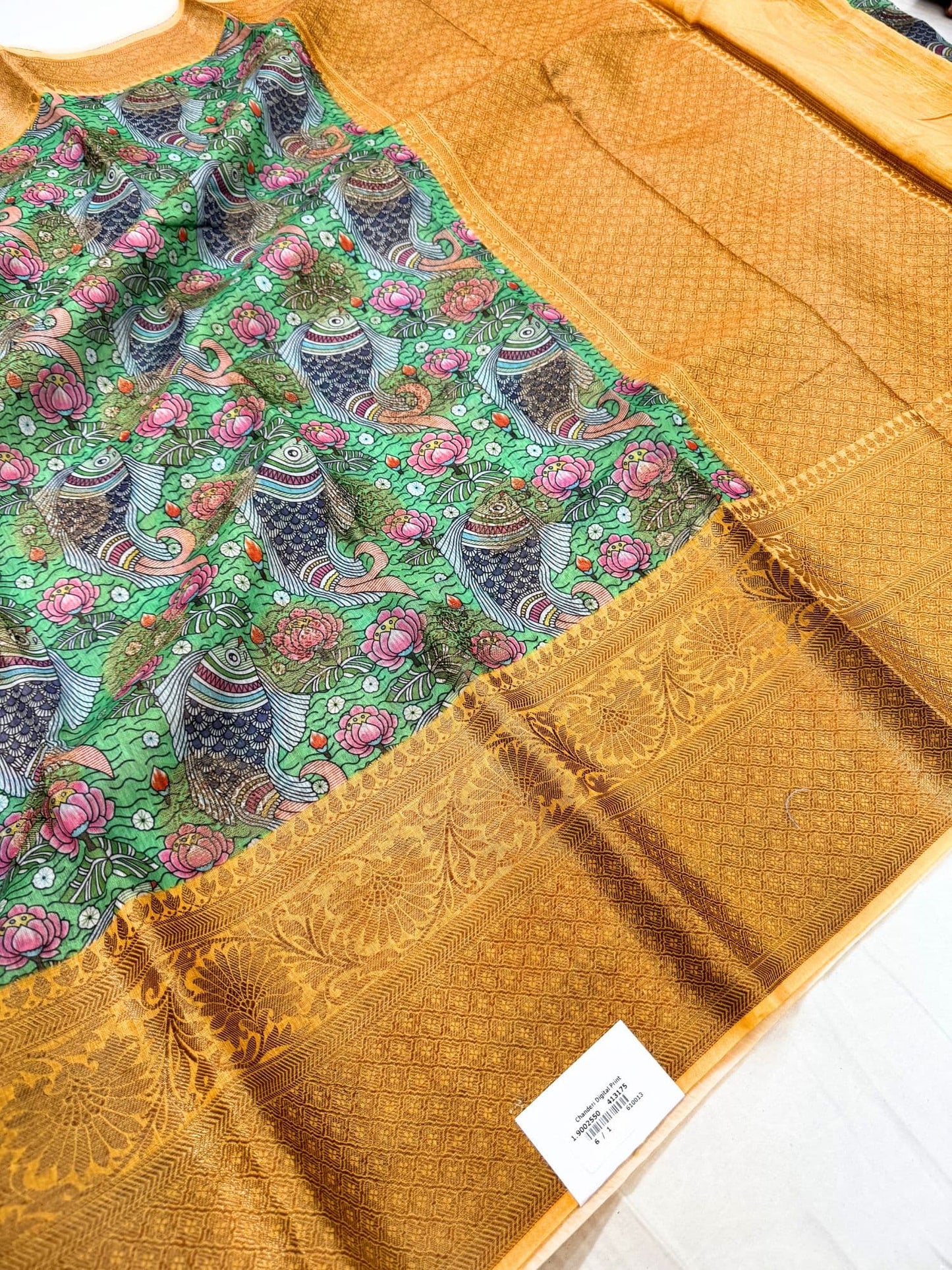 Silk saree with elegant yellow border and smooth glossy texture – Mantavya Banaras.