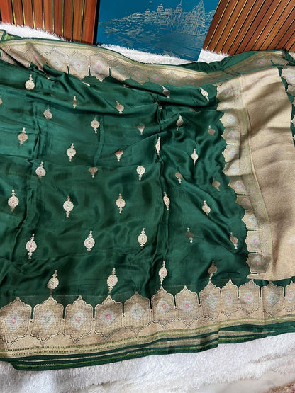 Premium green Mashru silk saree with luxurious finish and comfortable drape, perfect for weddings and special events – Mantavya Banaras