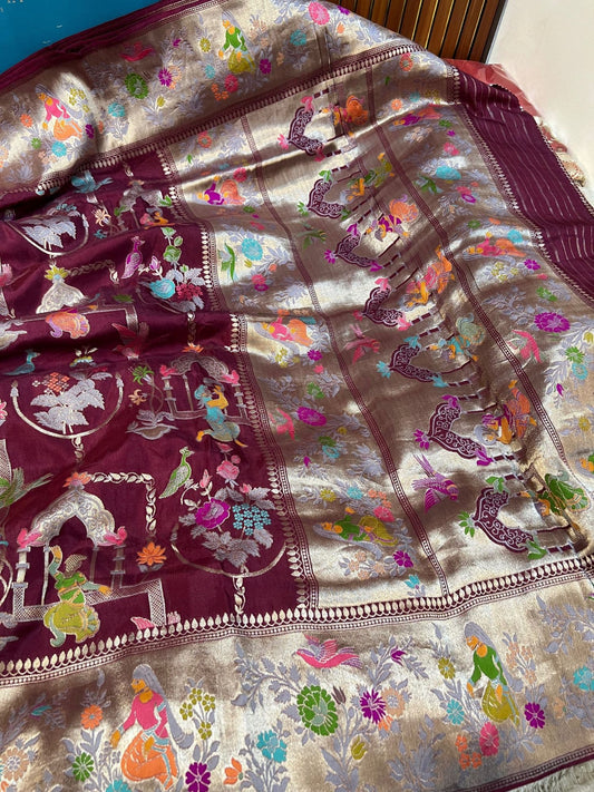 Traditional maroon Mashru silk saree with a royal look and premium woven fabric - mantavya banaras