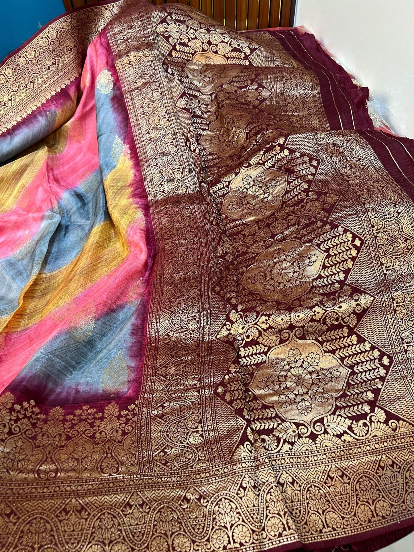 Traditional multi-colored Mashru silk fabric featuring a smooth shine and festive ethnic appeal – Mantavya Banaras