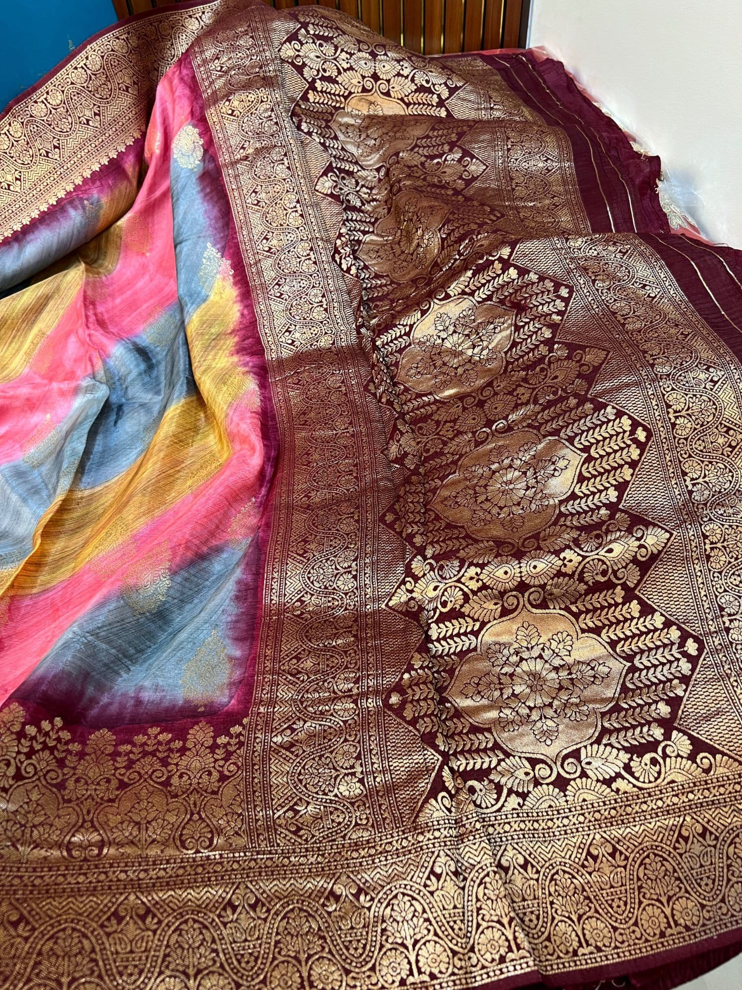 Traditional multi-colored Mashru silk fabric featuring a smooth shine and festive ethnic appeal – Mantavya Banaras