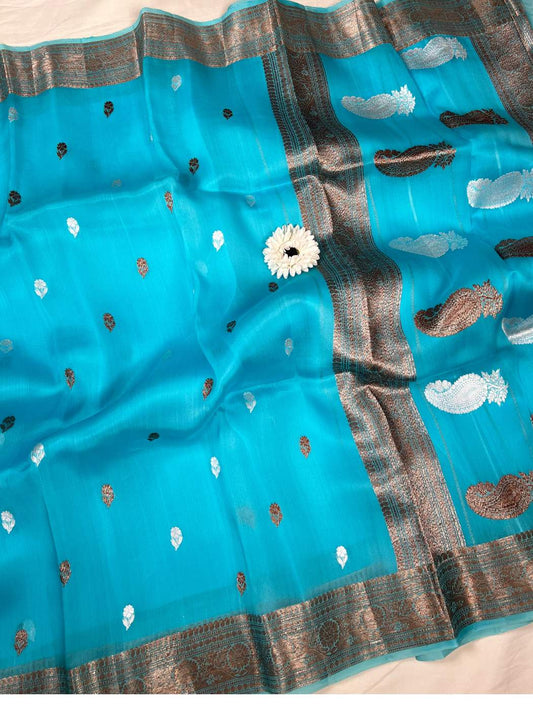 Turquoise Blue Kora Silk Saree full View
