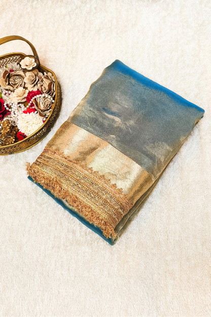 Handwoven Powder Blue Pure Tissue Silk Saree with Gota Patti