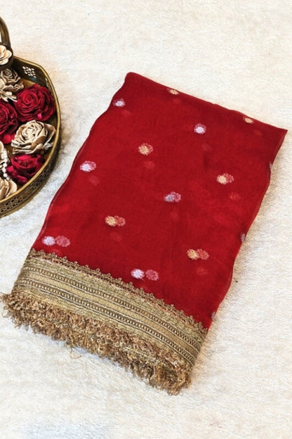Handwoven Red Tissue Silk Saree with Gota Patti Border