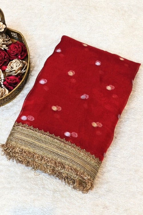 Handwoven Red Tissue Silk Saree with Gota Patti Border