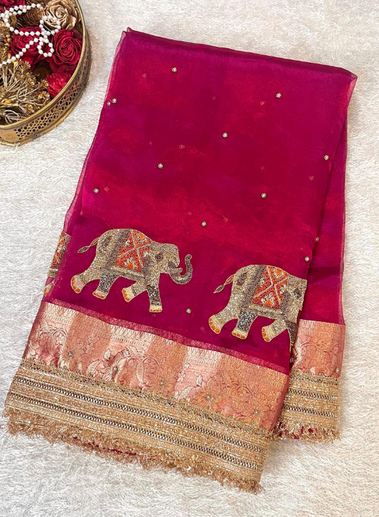 Pink Hand-Embroidered Tissue Silk Saree with Elephant Motifs - Traditional Wedding and Festival Wear