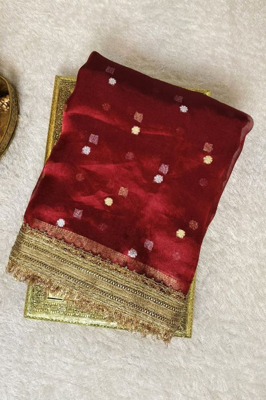 Handwoven Butti Maroon Tissue Silk Saree with Gota Patti Border