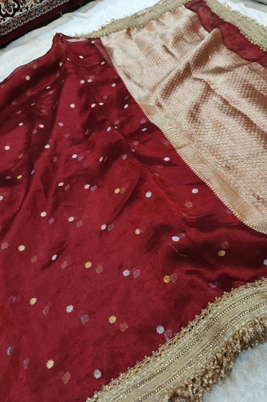 Handwoven Butti Maroon Tissue Silk Saree with Gota Patti Border