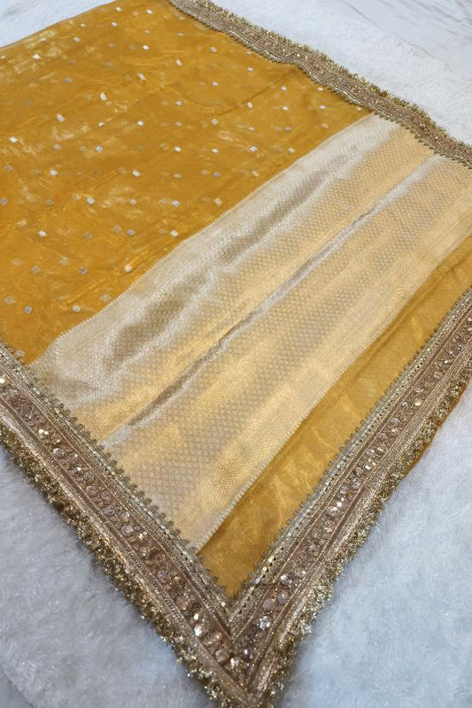 Handwoven Butti Yellow Tissue Silk Saree with Gota Patti Border