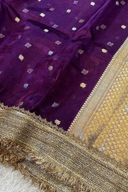 Handwoven Butti Purple Tissue Silk Saree with Gota Patti Border
