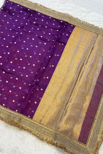 Handwoven Butti Purple Tissue Silk Saree with Gota Patti Border