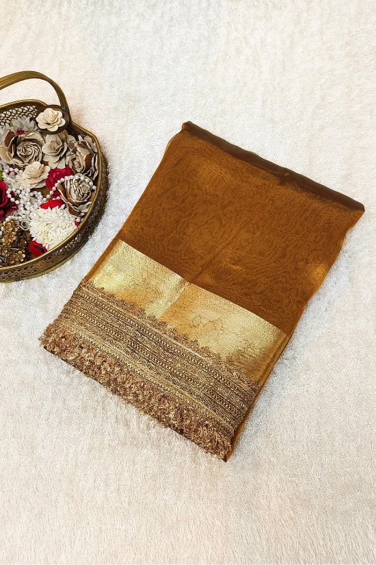 Handwoven Mehndi Green Tissue Silk Saree with Gota Patti
