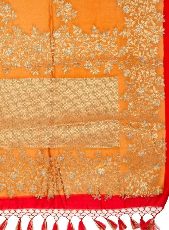 Banarasi Floral Brocade Motif with Zari Border and Tassels