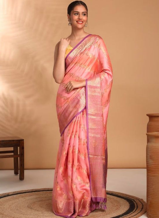 Banarasi Brocade Stripes with Paisley Zari Border and Tassels Pink Saree & Unstitched Blouse
