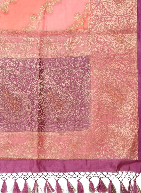 Banarasi Brocade Stripes with Paisley Zari Border and Tassels Pink Saree & Unstitched Blouse
