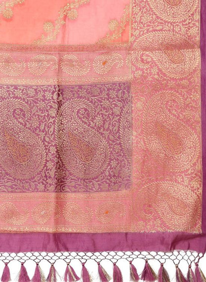 Banarasi Brocade Stripes with Paisley Zari Border and Tassels Pink Saree & Unstitched Blouse