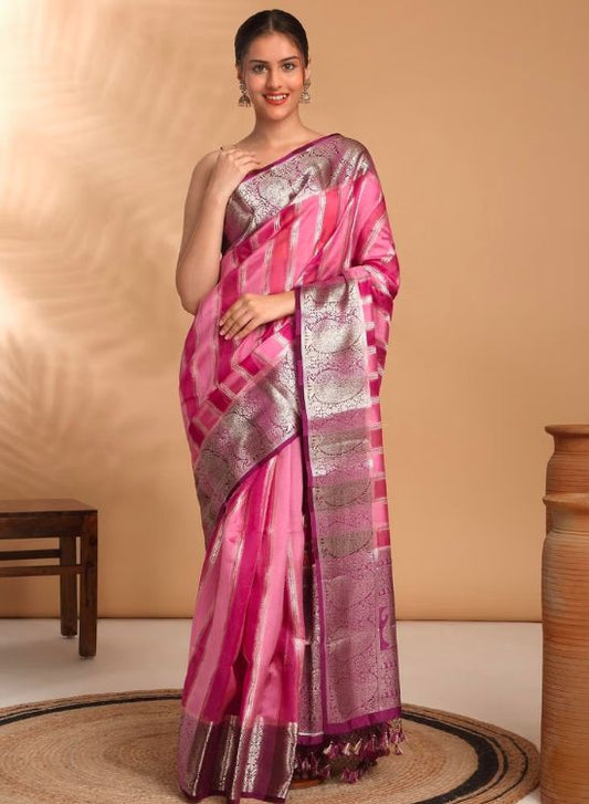 Banarasi Brocade Stripes with Paisley Zari Border and Tassels