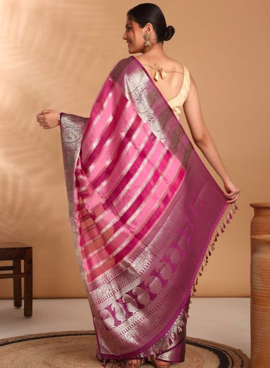 Banarasi Brocade Stripes with Paisley Zari Border and Tassels
