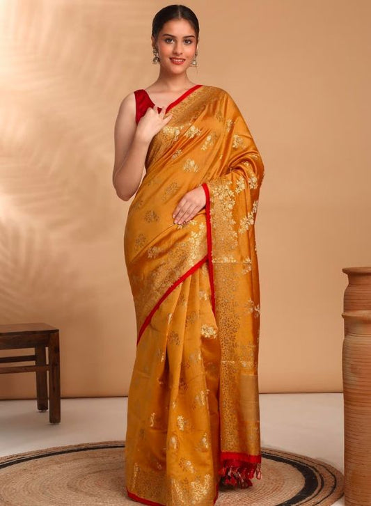 Banarasi Floral Brocade Motif with Zari Border and Tassels