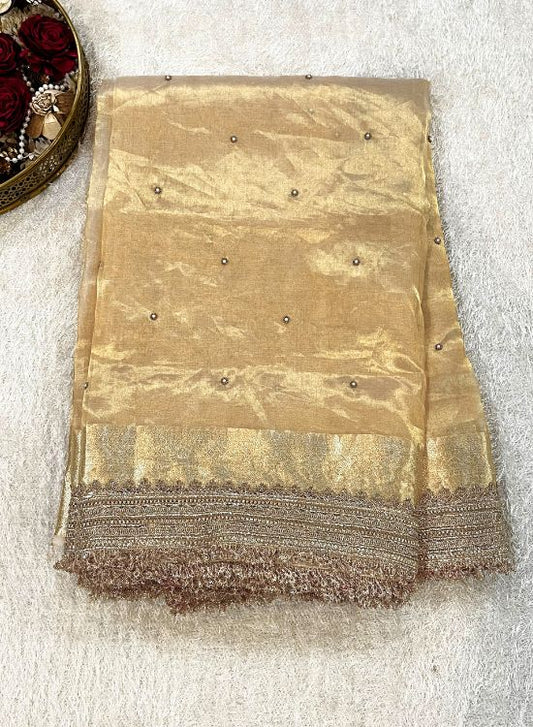 Hand Embroidery Golden Tissue Silk Saree with Bundi Motifs Design