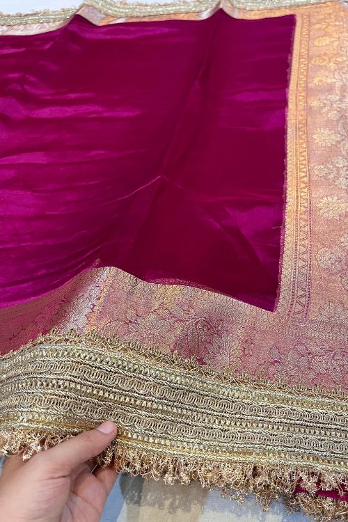 Hot Pink Banarasi Tissue Silk Saree with Zari Weaving and Sheer Finish – Handwoven by Mantavya Banaras