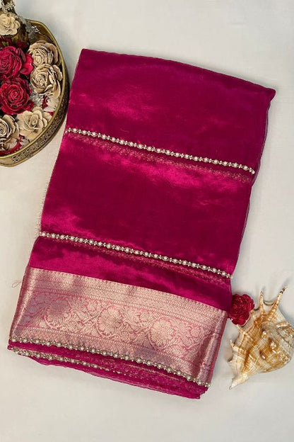 Hand Embroidered Hot Pink Tissue Silk Saree with Pearl Stripe and Buti Motifs, Paired with Brocade Blouse Featuring Neck and Sleeve Embroidery – Elegant Traditional Wear