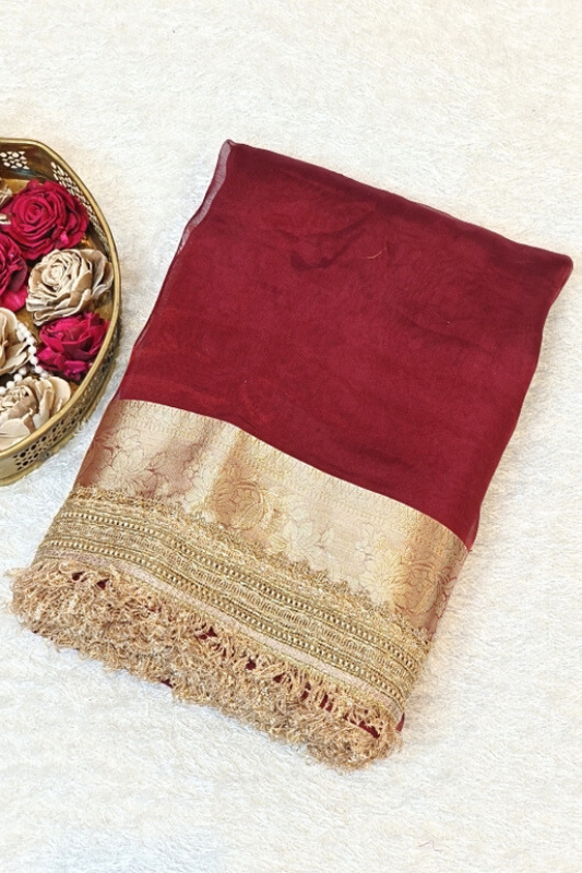 Handwoven Maroon Tissue Silk Saree
