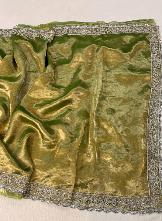 Hand Embroidered Green Pure Tissue Silk Saree